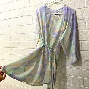 Pretty Sheer Robe Wrap Pajama Loungewear Mesh Floral Purple Green Lingerie Tie M